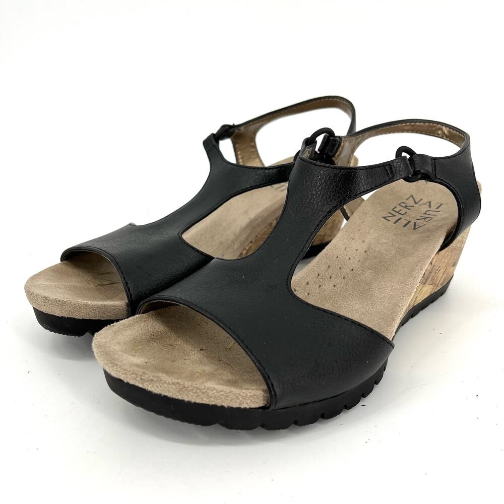 Naturalizer Norwood Black‎ Leather Wedge Heel Open Toe Slingback Sandal (6)